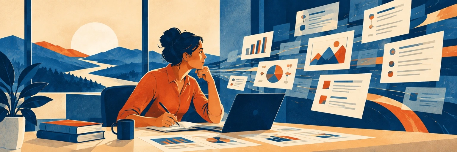 A researcher considers digital research dashboards and evidence alongside her notes and laptop.